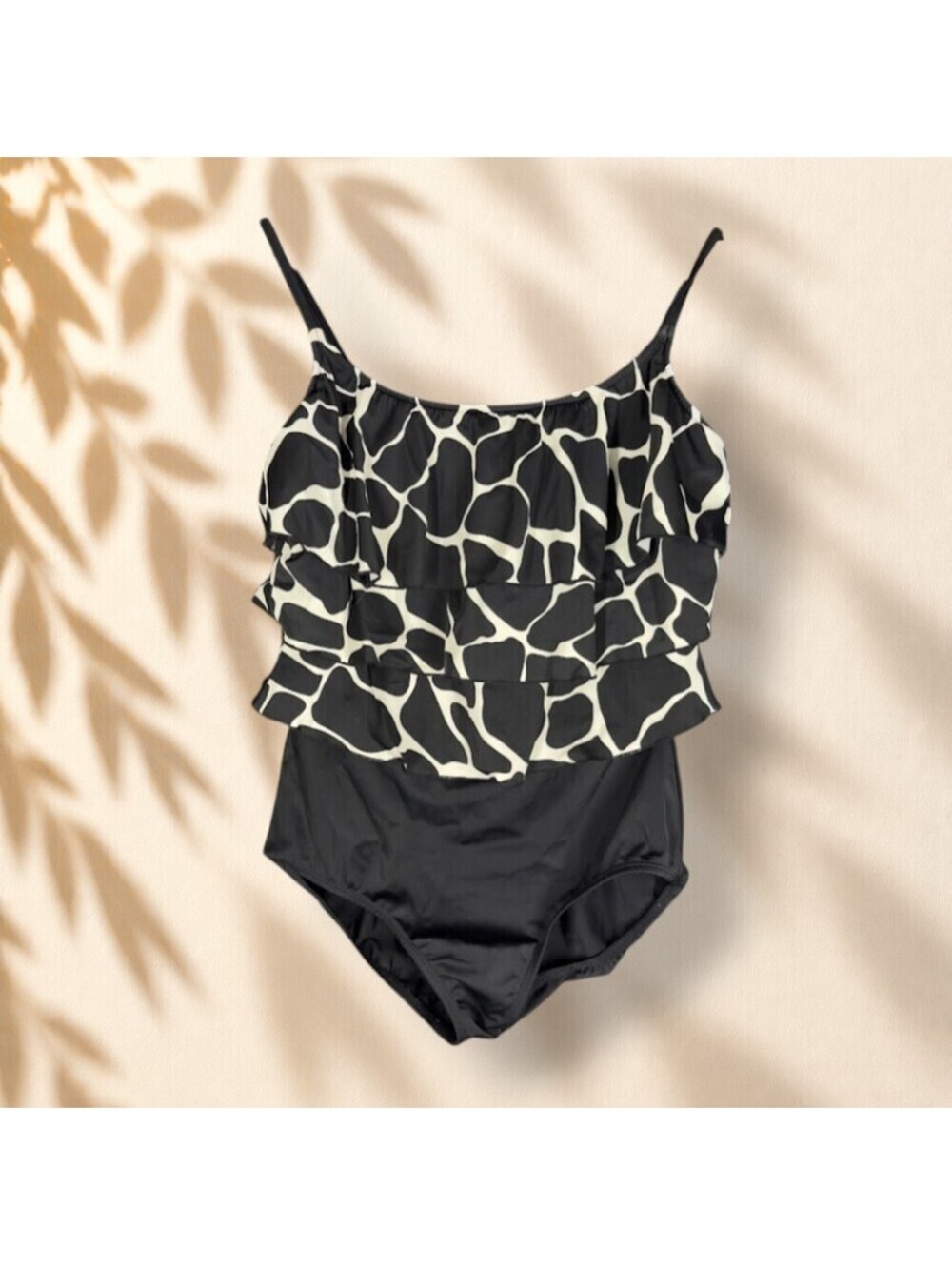 Longitude Swimsuit Women 16 Black Animal Print Ruffle Sleeveless One Piece Beach